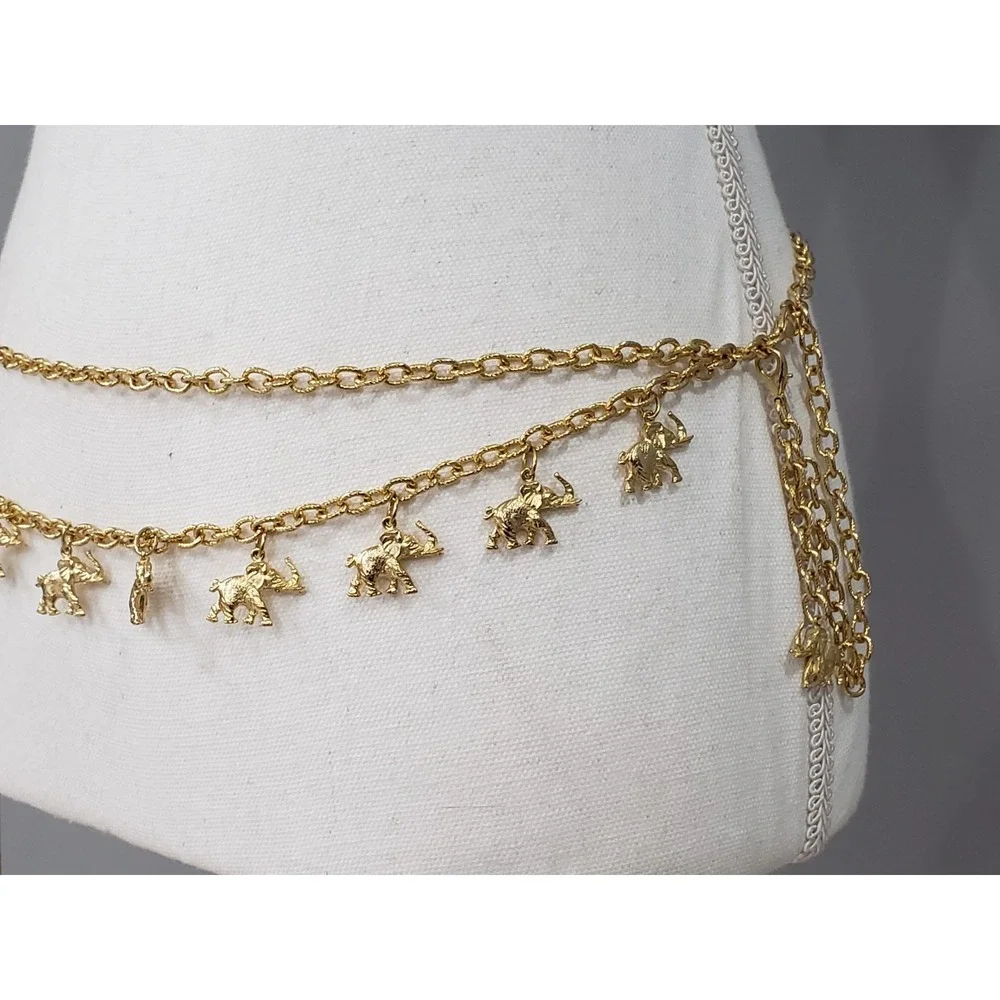 VINTAGE 80s Elephant Safari Gold Tone Chain Link Waist Belt HIPPIE FESTIVAL BOHO